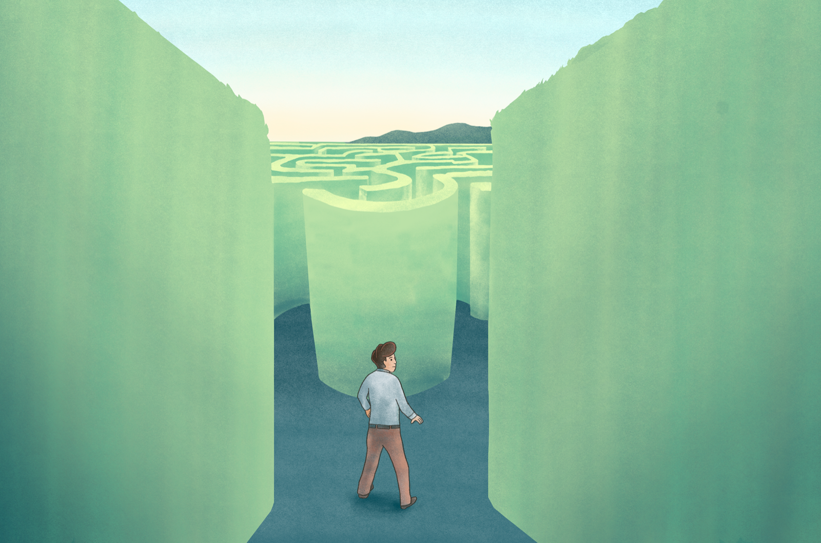 A borrower at the entrance of a winding maze of loan options