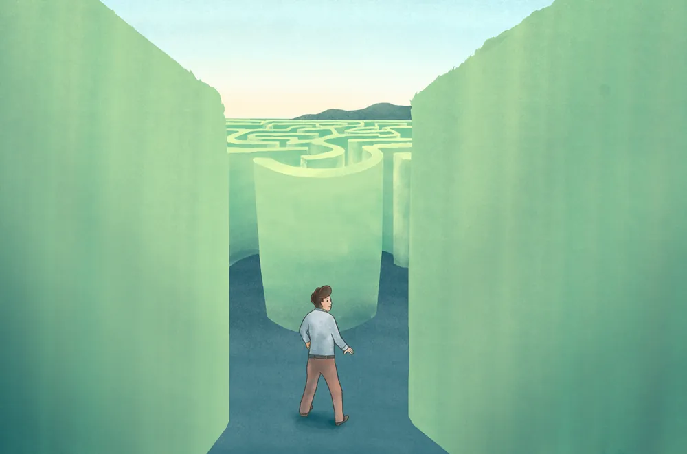 A borrower at the entrance of a winding maze of loan options