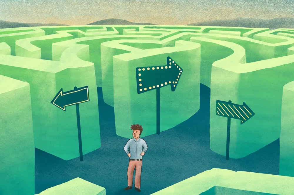A borrower at a maze crossroad with conflicting direction arrows