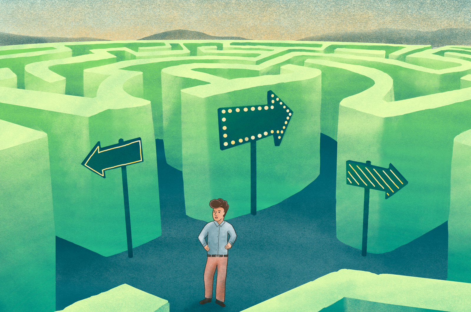 A borrower at a maze crossroad with conflicting direction arrows