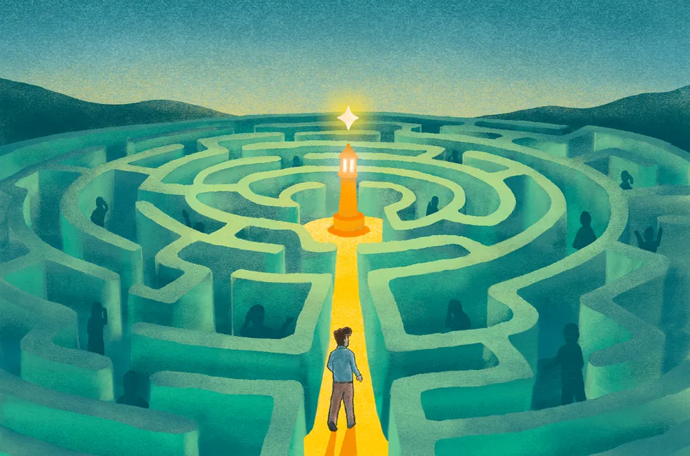 A borrower at the centre of the maze with the FundBright lighthouse beacon