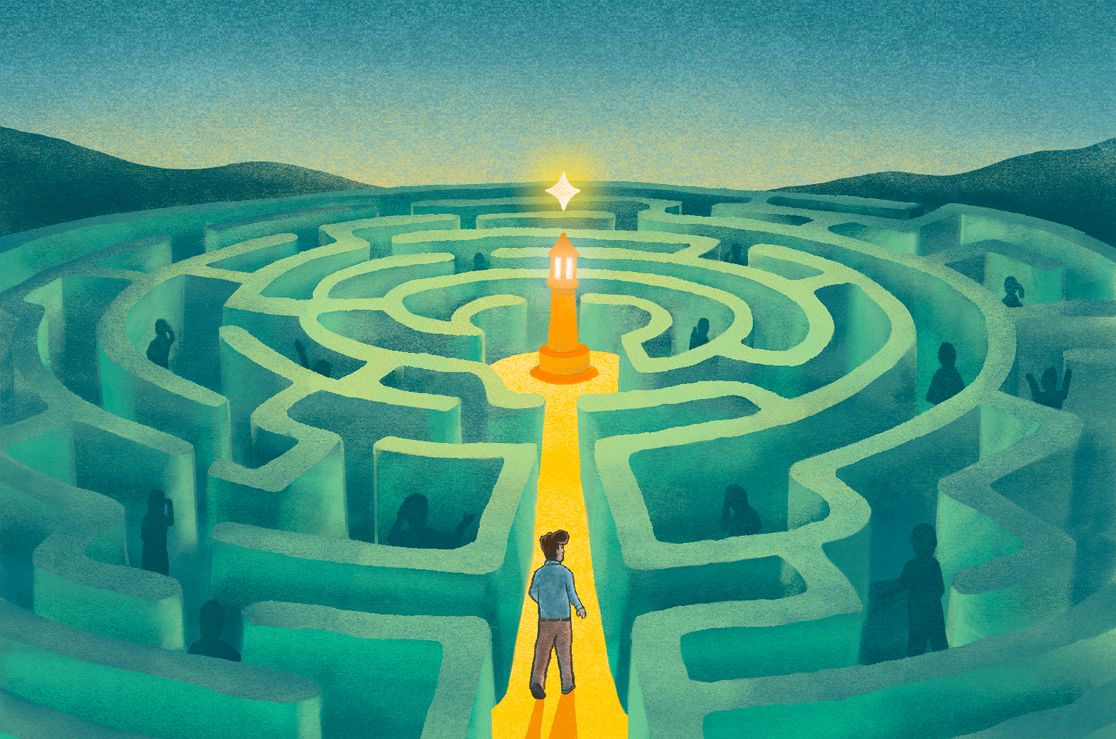A borrower at the centre of the maze with the FundBright lighthouse beacon