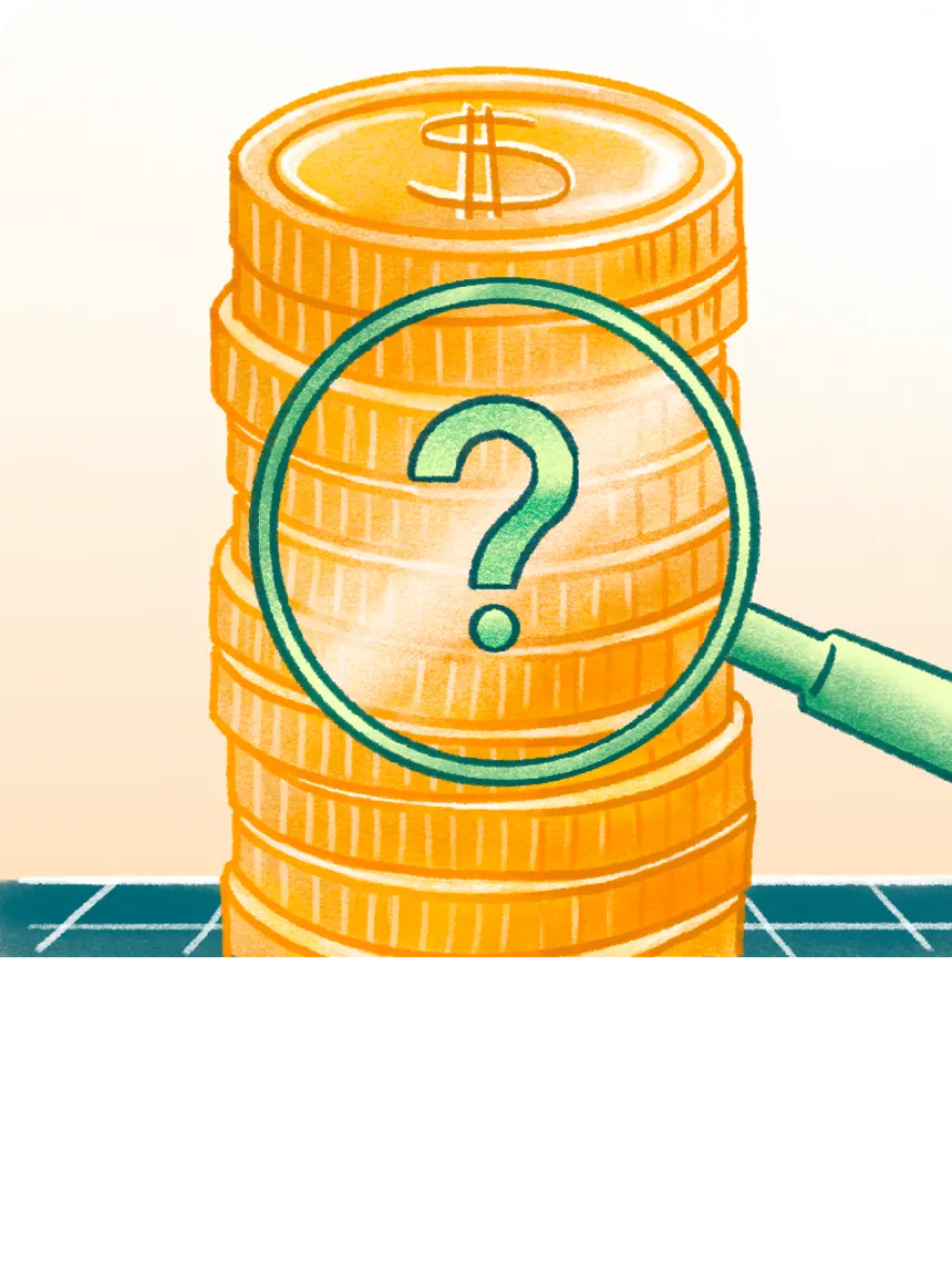 Stack of gold coins under a magnifying glass with a question mark