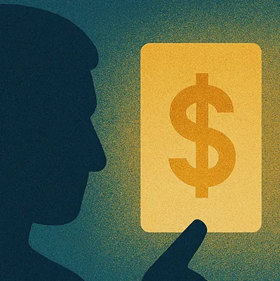 Silhouette of a person reviewing a glowing dollar coin on a phone