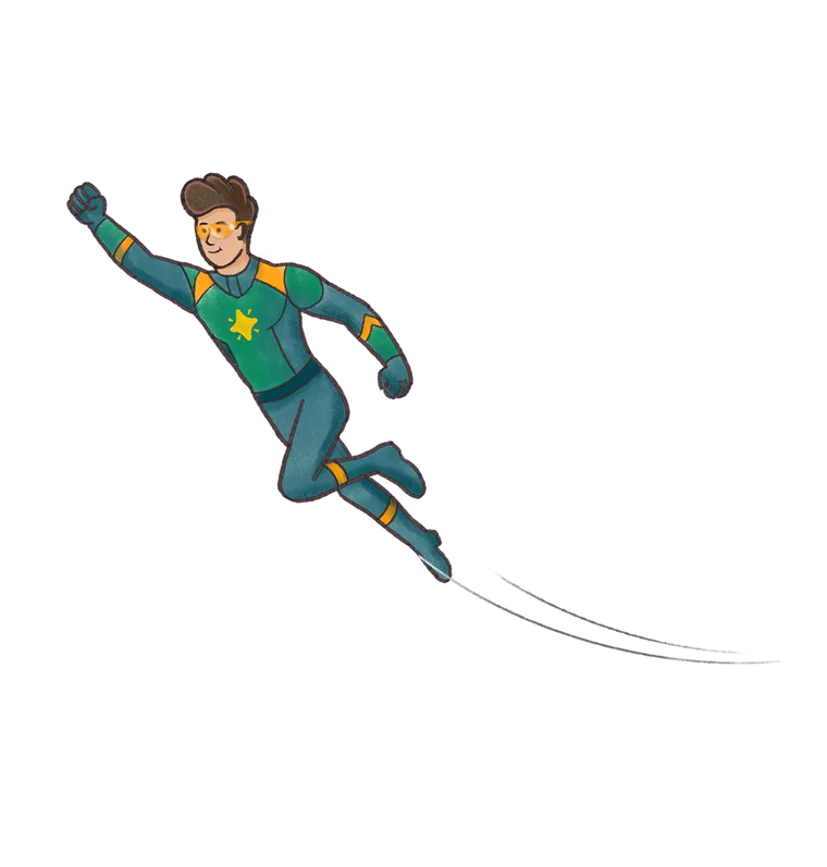 A caped FundBright hero soaring through the air